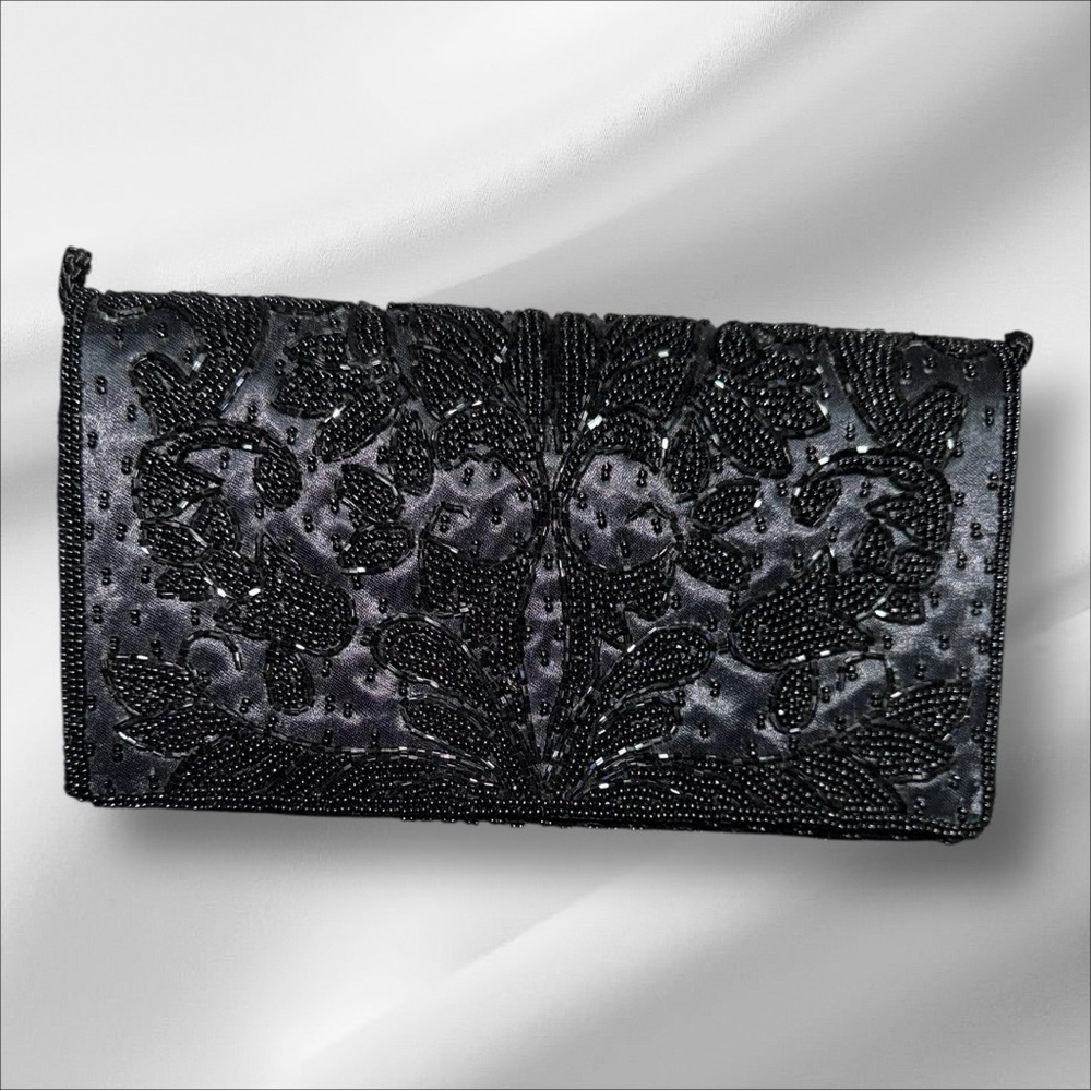 Vintage Valerie Stevens EUC Black Bead Satin Evening Bag Clutch - Picture 5 of 7